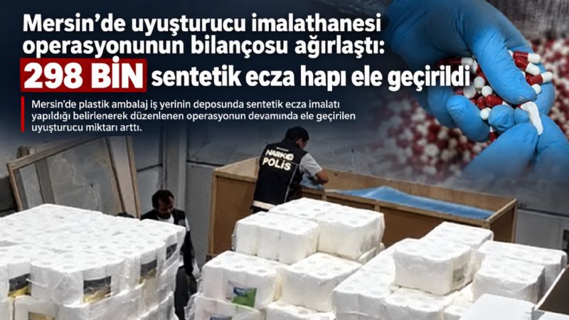 Mersin’de uyuşturucu imalathanesi operasyonunun bilançosu ağırlaştı: 298 bin sentetik ecza hapı ele geçirildi